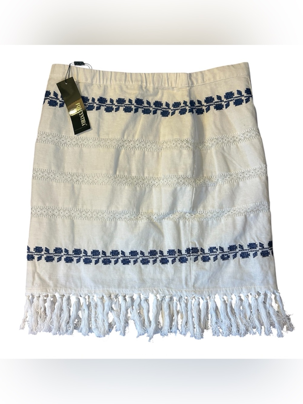 For Cynthia White Midi Skirt with Navy Leaf Embroidery and Fringe, Lg, lined NEW